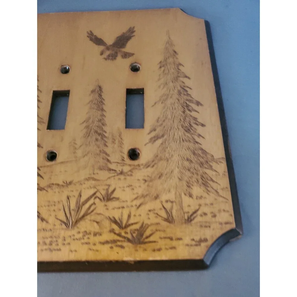 Vintage Eagle In Forest Wood Burned 2 Slot Light Switch Cover Cabin Decor MCM